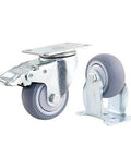Heavy Duty Swivel Caster Wheels Set Of 4 100 Mm Non Marking Rubber Casters With Locking Brakes showing close-up of grey wheels and metal mount.