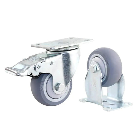 Heavy Duty Swivel Caster Wheels Set Of 4 100 Mm Non Marking Rubber Casters With Locking Brakes showing close-up of grey wheels and metal mount.