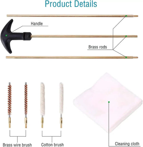 Air Rifle And Pistol Barrel Cleaning Kit For.177 And.22 Calibers, showing brass rods, cotton, and brass wire brushes