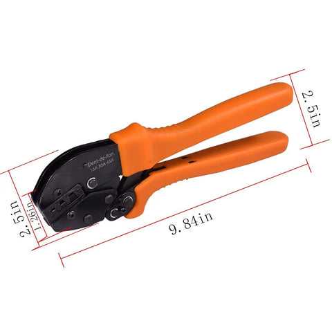 Ratcheting Crimping Tool Kit For 15A 30A 45A Connectors, All In One Set With orange heavy duty high carbon steel pliers, dimensions labeled