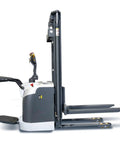 Heavy Duty Electric Pallet Stacker And Warehouse Material Handler Compact Build side view with forks extended and control panel.