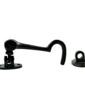 Heavy Duty 4.5 Inch Black Wrought Iron Swivel Style Hook And Eye Door Latch With Mounting Hardware, displayed separately.