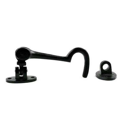 Heavy Duty 4.5 Inch Black Wrought Iron Swivel Style Hook And Eye Door Latch With Mounting Hardware, displayed separately.
