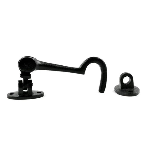 Super Sturdy Hefty Swivel Cabinet Latch Lock Made From Dense Wrought Iron With A Sleek Black Coating That Really Kicks Rust To The Curb While Upgrading Your Vintage Home Decor 4.5 Inch 4 Pack showing black iron latch with mounting plate.
