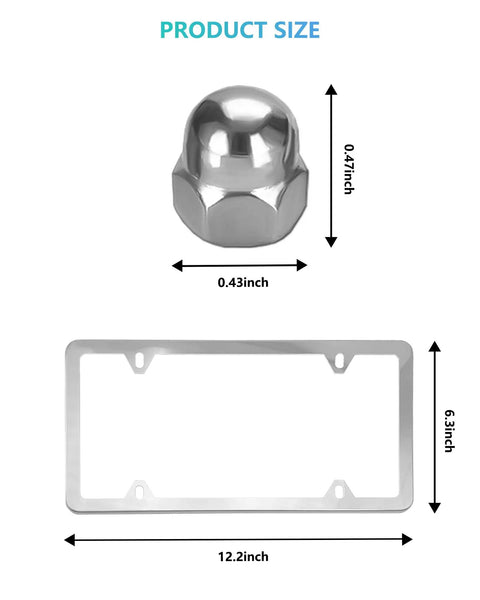 Stainless Steel License Plate Frames for Volvo 2 Pack Slick Slim Edge Mirror Polished shown with chrome cap and dimensions