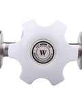 White sanitary diaphragm valve handle seen in front view with stainless steel tri-clamp ends.