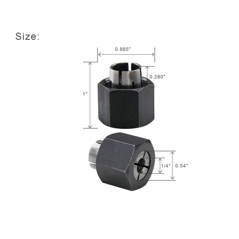 Two Pack 1/4 Inch And 1/2 Inch Router Collet Set Built To Work With 1613, 1613EVS, 1617, 1617EVS. Size dimensions shown.