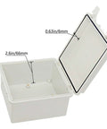 IP65 Waterproof ABS Junction Box With Hinged Lid Built Tough For Outdoor Electrical Projects, Dustproof Enclosure, 2 Cable Glands, 5.9x5.9x3.5 Inch, 150x150x90 Millimeters, Gray open box with lid