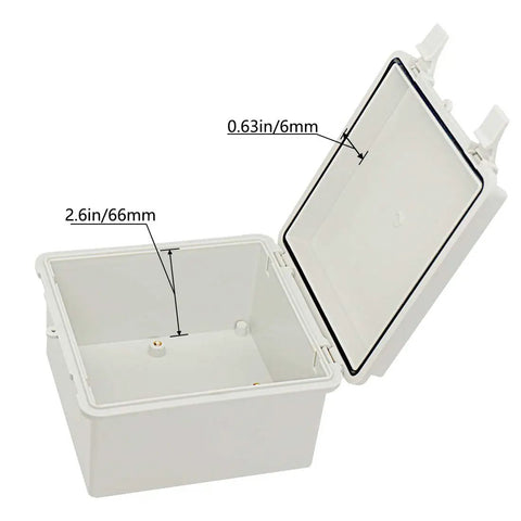 IP65 Waterproof ABS Junction Box With Hinged Lid Built Tough For Outdoor Electrical Projects, Dustproof Enclosure, 2 Cable Glands, 5.9x5.9x3.5 Inch, 150x150x90 Millimeters, Gray open box with lid
