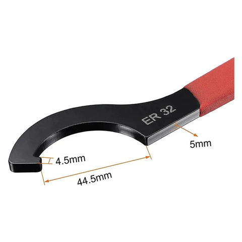 Heavy Duty High Carbon Steel Er25 Er32 Er40 Hook Wrench Spanner With Anti Slip Grip, ER 32 size with precise dimensions for lathe use.