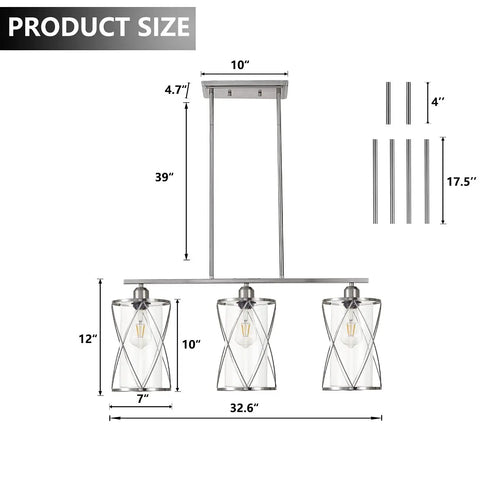 3 Light Clear Glass Cylinder Pendant Lights For Kitchen Island 33 Inch Dope Modern Transitional Island Lighting dimensions