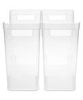 Front view of two Clear Plastic Shelf Bin Organizer With Open Top Handles For Easy Closet, Cabinet And Pantry Storage Stackable Totes.