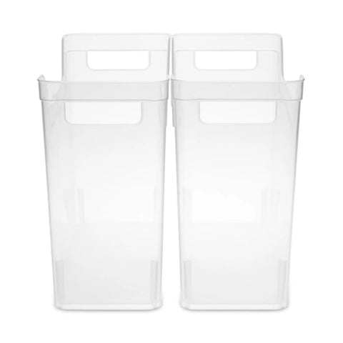 Front view of two Clear Plastic Shelf Bin Organizer With Open Top Handles For Easy Closet, Cabinet And Pantry Storage Stackable Totes.