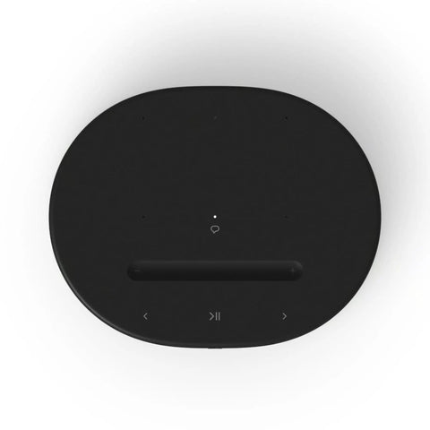 Top view of Move 2 Black Portable Bluetooth Speaker with touch controls and dual tweeters for rich stereo sound, crisp vocals, deep dynamic bass.