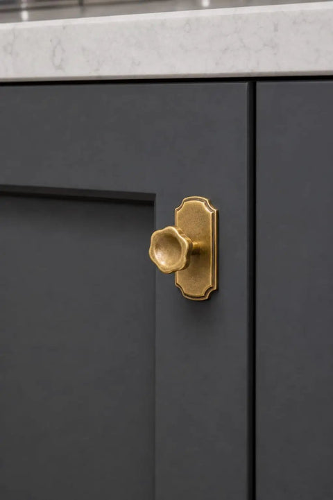 Antique Brass Cabinet Knobs With Backplate 6 Pack Solid Zinc Alloy Single Hole Center Pull Handles For Kitchen And Bedroom Upgrades. Knob mounted on dark cabinetry.