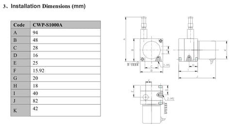 Technical drawing of 1000mm Draw Wire Encoder With 24V DC Supply And 4 20mA Output, Two Wire Position Sensor For Industrial Automation.