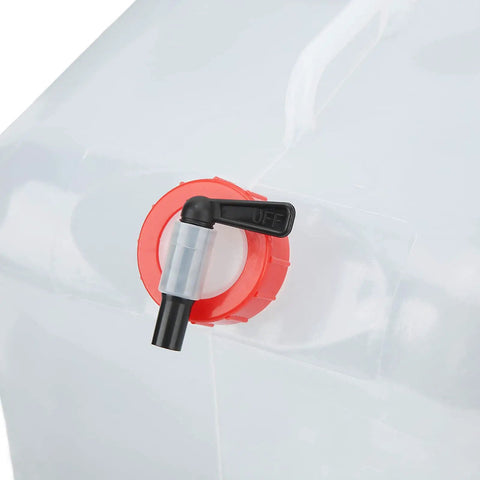 Close-up of red tap on 5L Collapsible Water Container With Tap, Foldable Water Jug, BPA Free PP PE for camping