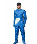 Man wearing blue Go Kart Racing Suit For Adults Youth And Kids Water Resistant Breathable Digital Print Fabric Lightweight Comfort Ergonomic