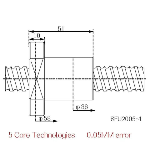 Awesome SFU2005 5mm Lead Ball Screw Kit With Machined Ends RM2005 Nut BK15 BF15 Supports Plus Coupler For DIY CNC And 3d Printer Builds technical drawing with 51mm and 36mm dimensions