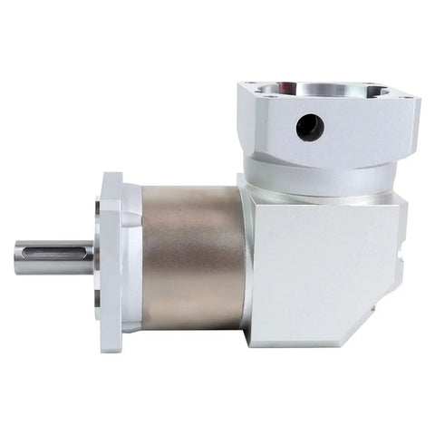 Top Shelf 60mm Right Angle Planetary Gearbox With 5 10 20 Or 50 To 1 Reduction Ratios side view showing 14mm drive shaft and sturdy construction.