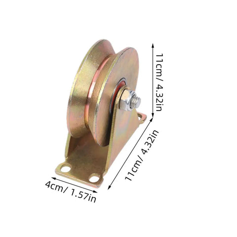4 Inch V Shaped Pulley Wheel Heavy Duty Steel Cable Traction Block with ball bearing guide, angled view, golden finish