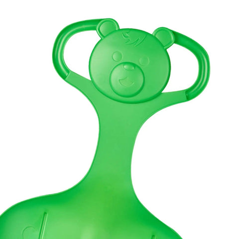 Close-up of the green handle of the Downhill Snow Sled With Handle For A Smooth Ride And Glide, Lightweight PP Luge Toboggan For Kids And Adults