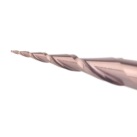 SpeTool tapered ball nose end mill, rose-gold coating, close-up view of CNC router bit tip
