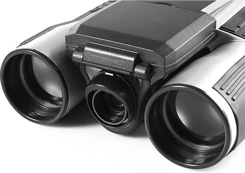 Close-up view of the 12x32 HD Binocular Telescope with a Dope 5MP Digital Camera, showcasing lens design and compact build.