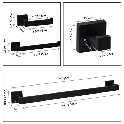 Dimensions of 4 Piece Matte Black Bathroom Hardware Set Made From Thick SUS304 Stainless Includes 16 Inch Towel Bar and Accessories