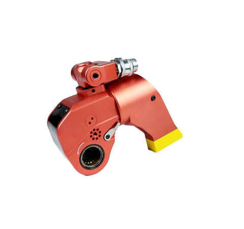 Rock Solid Hydraulic Torque Wrench Featuring Square Drive And Anti Corrosion Alloy Construction Designed For Fast Operation Cycles and Serious Torsional Strength On Every Job Site, red torque wrench side view.
