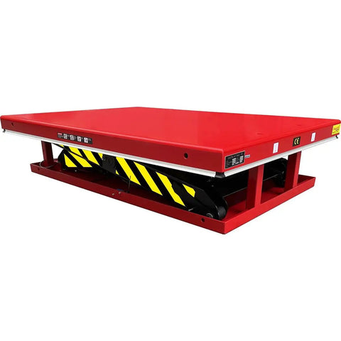 Heavy Duty Electric Hydraulic Scissor Lift Table With Beefy Steel Build And Massive 13200 Lb Capacity For The Garage Or Warehouse Easy Foot Pedal Lift angled view with safety markings.