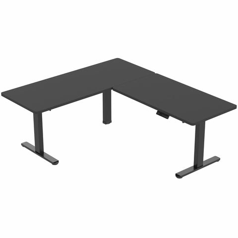 Rocking This VIVO L-Shaped Corner Standing Desk For Your Office Home Setup With Height Adjustable Ergonomic Features Smooth Transition From Sit To Stand Position Massive Workspace Ideal For Productivity And Comfort, black finish, electric adjustable.