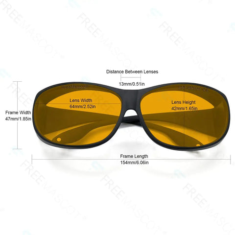 Pro-Grade Blue Laser Safety Shades Delivering Savage OD 6 Plus Shielding Against 405Nm 445Nm 450Nm 473Nm Diodes And Broad Spectrum Ultraviolet Light Rated EN207 Certified Eye Gear with measurements.