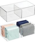 Two Compartment Clear Storage Box For Bedroom Organization BPA Free Plastic Clothes Organizer In Transparent Green Measures Six By Twelve By Four Inches Two Pack with folded clothes.