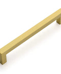 30 Pack Gold Kitchen Cabinet Pulls, Premium Stainless Steel Square Drawer Handles For Cabinets And Drawers, Great For Kitchen And Bathroom Remodels, 6.25 Inch Hole Center, Durable, Sleek, Easy Install Hardware. Single view of brushed gold handle.