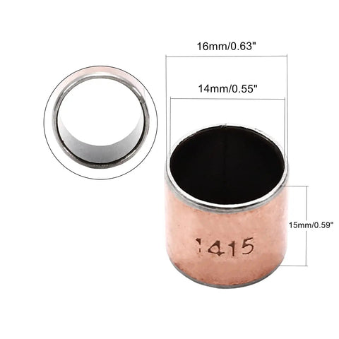 Three Pack Sleeve Bushings 14mm Bore 16mm OD 15mm Length Oilless Plain Bearings, showcasing copper sleeve dimensions.