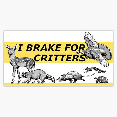 I Brake For Critters Magnet Vinyl Decal Sticker 5 Inch Car Magnet with animal illustrations on yellow and white background