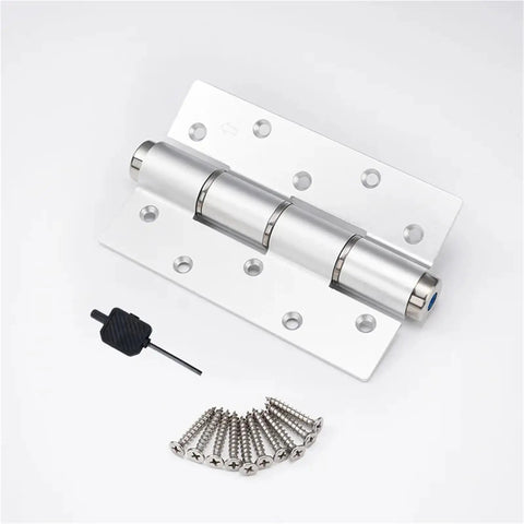 Heavy Duty Aluminum Door Closers With Integrated Hydraulic Buffer Hinges Glides Like Butter Flush Mount Dead Quiet Automatic Shut Down Tough Swing Six Inch Silver Two Pack hinge with screws and tool.