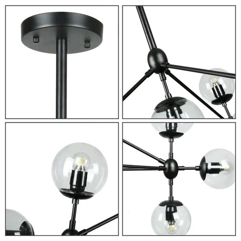 Close-up of 10 Light Modern Black Sputnik Chandelier With Clear Globe Shades Dope Kitchen Island Dining Room Living Room And Restaurant Lighting