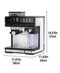 Heavy Gauge Stainless Steel Espresso Machine With Built In Burr Grinder Semi Automatic Coffee Maker dimensions and features displayed