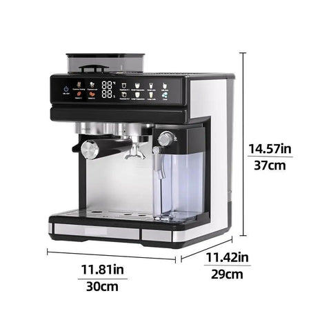 Heavy Gauge Stainless Steel Espresso Machine With Built In Burr Grinder Semi Automatic Coffee Maker dimensions and features displayed