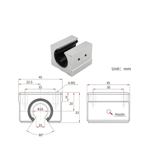 One Pc SBR16UU Linear Motion Ball Bearing Slide Block Bushing For 16mm Linear Shaft with detailed schematic measurements.