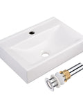Porcelain Bathroom Vessel Sink 18 By 12 Inch Rectangle With Pop Up Drain For Wall Mount Or Countertop, White Minimalist Design