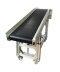 Electric Plane Ramp Conveyor Machine With PVC Belt 59 Inch Long And 11.8 Inch Wide Height Adjustable From 19.6 To 31.5 Inches 110V 120W Black Workhorse Build Portable Aluminum Frame Flat Slope Type side view