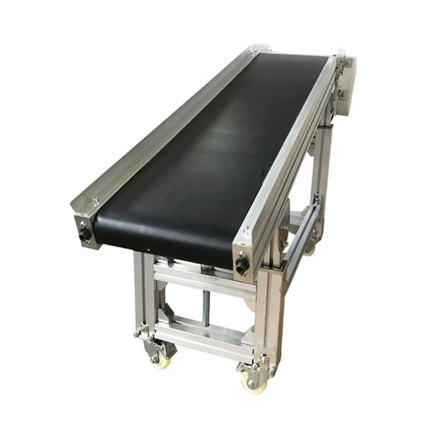 Electric Plane Ramp Conveyor Machine With PVC Belt 59 Inch Long And 11.8 Inch Wide Height Adjustable From 19.6 To 31.5 Inches 110V 120W Black Workhorse Build Portable Aluminum Frame Flat Slope Type side view