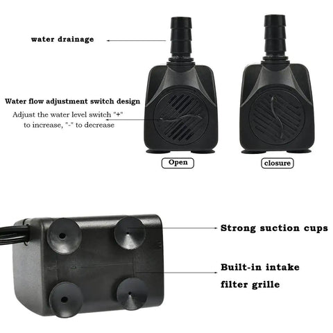 Super Quiet 10W Submersible Fountain Pump With 160 GPH Flow And 12 LED Lights showing water flow adjustment and suction cups