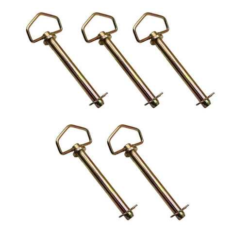 Set Of Five Cold Forged Three Quarter Inch Diameter Six And A Quarter Inch Usable Length Swivel Handle Hitch Pins For Tractor Towing And Implements Compatible With Kubota Case Farmall International Harvester Oliver Minneapolis Moline White And David Brown displayed on white background