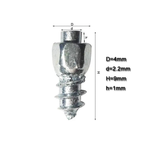 200 Pcs 9 Mm Tungsten Carbide Anti Slip Tire Spikes Reusable Screw Mount showing 4mm stem and 9mm height for winter traction.