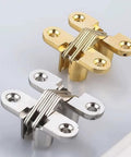 Hidden Hinges 8x42mm Concealed Cross Door Hinge in alloy, gold and silver finishes, for cabinets, furniture, wood and metal doors.