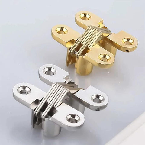 Hidden Hinges 8x42mm Concealed Cross Door Hinge in alloy, gold and silver finishes, for cabinets, furniture, wood and metal doors.